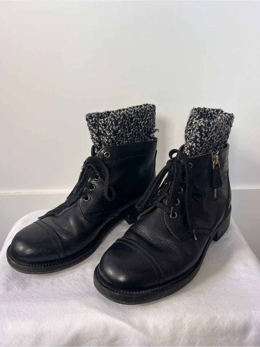 CHANEL Black Leather Combat Boots with Knit Cuff